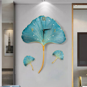rust free blue wall mural art cum clock in leaf shape